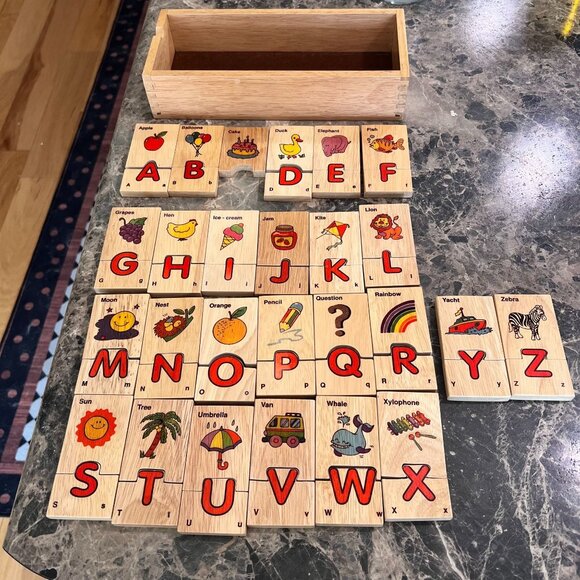Wooden Alphabet Puzzle Pictures Storage Box Kids Educational Toy Melissa & Doug? - Picture 1 of 13